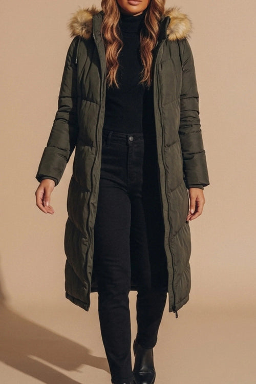Aurette | Women's Long Puffer Coat with Faux Fur Hood