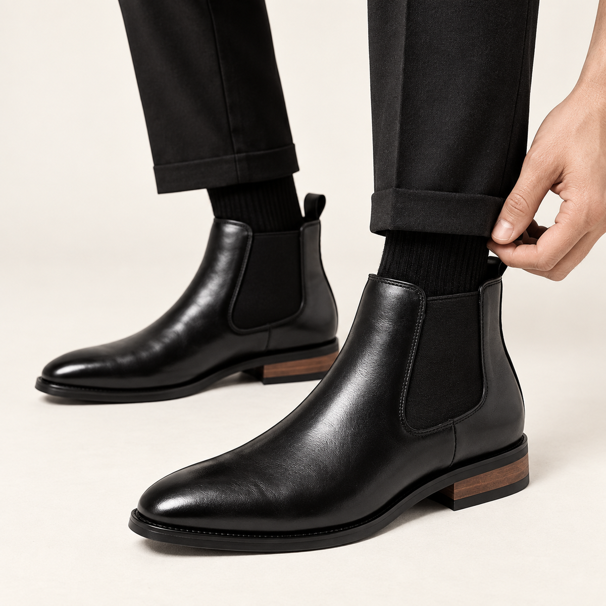 Nathaniel Chelsea boot, side profile showing the low block heel