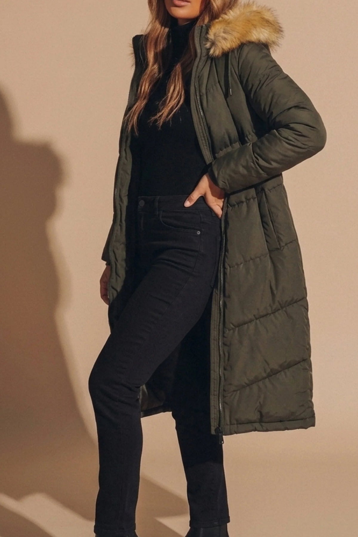 Aurette | Women's Long Puffer Coat with Faux Fur Hood
