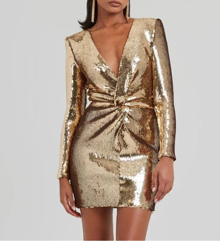 Solenne | Women's Gold Sequin Holiday Party Dress