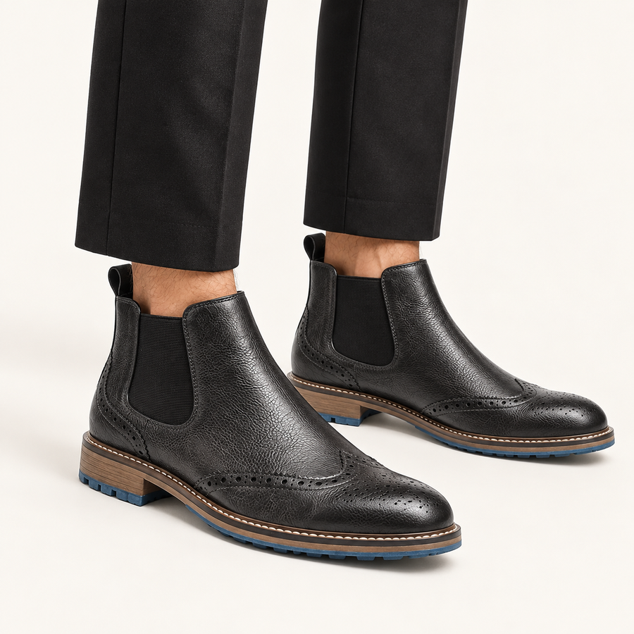 Callum | Men's Brogue Chelsea Boots — Slip-On Ankle Boots with Perforated Detailing