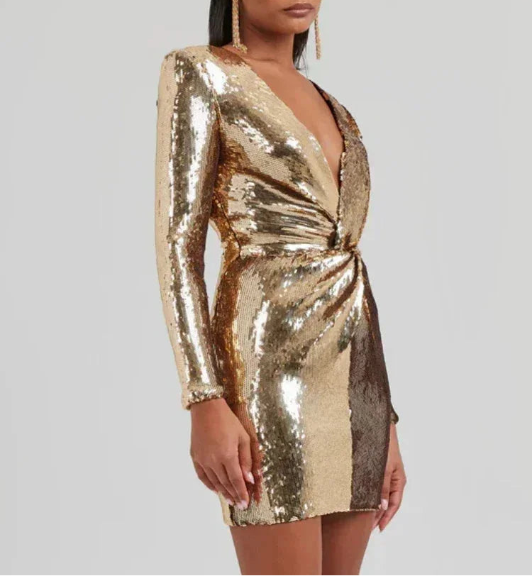 Solenne | Women's Gold Sequin Holiday Party Dress