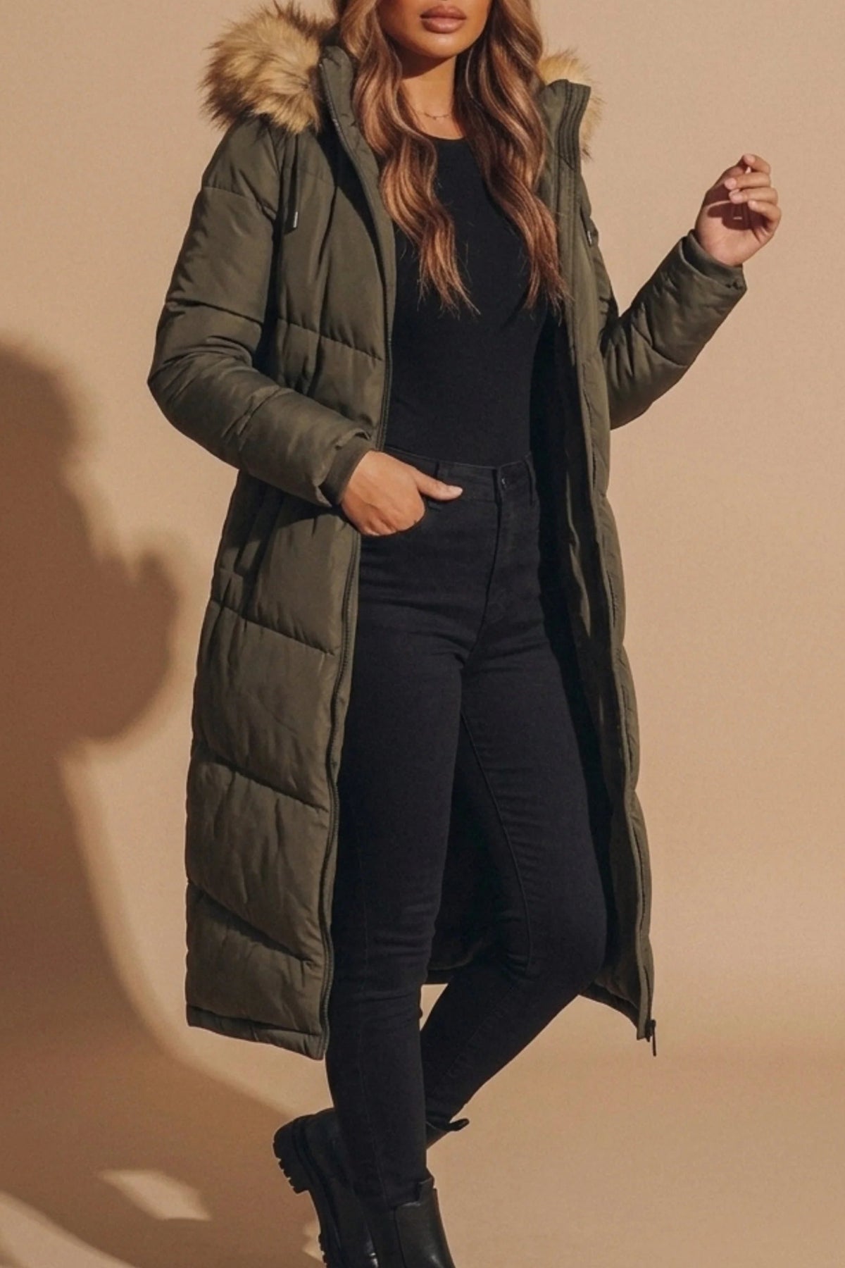 Aurette | Women's Long Puffer Coat with Faux Fur Hood