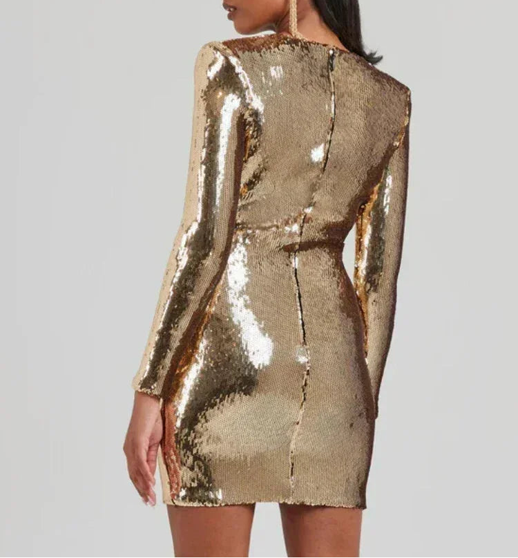 Solenne | Women's Gold Sequin Holiday Party Dress