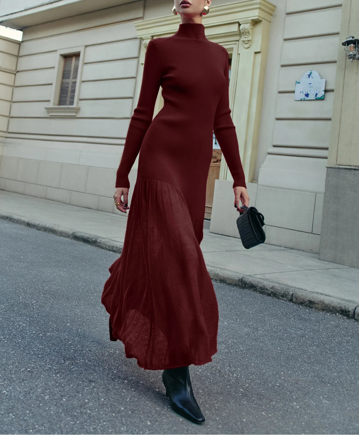Sorelia | Women's Mock Neck Pleated Sweater Dress