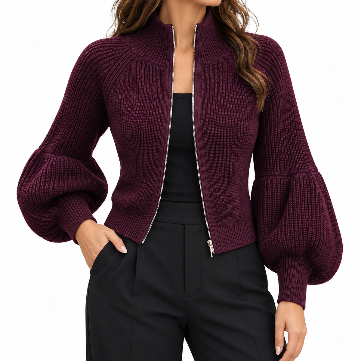 Sabella | Women's Cropped Puff Sleeve Cardigan