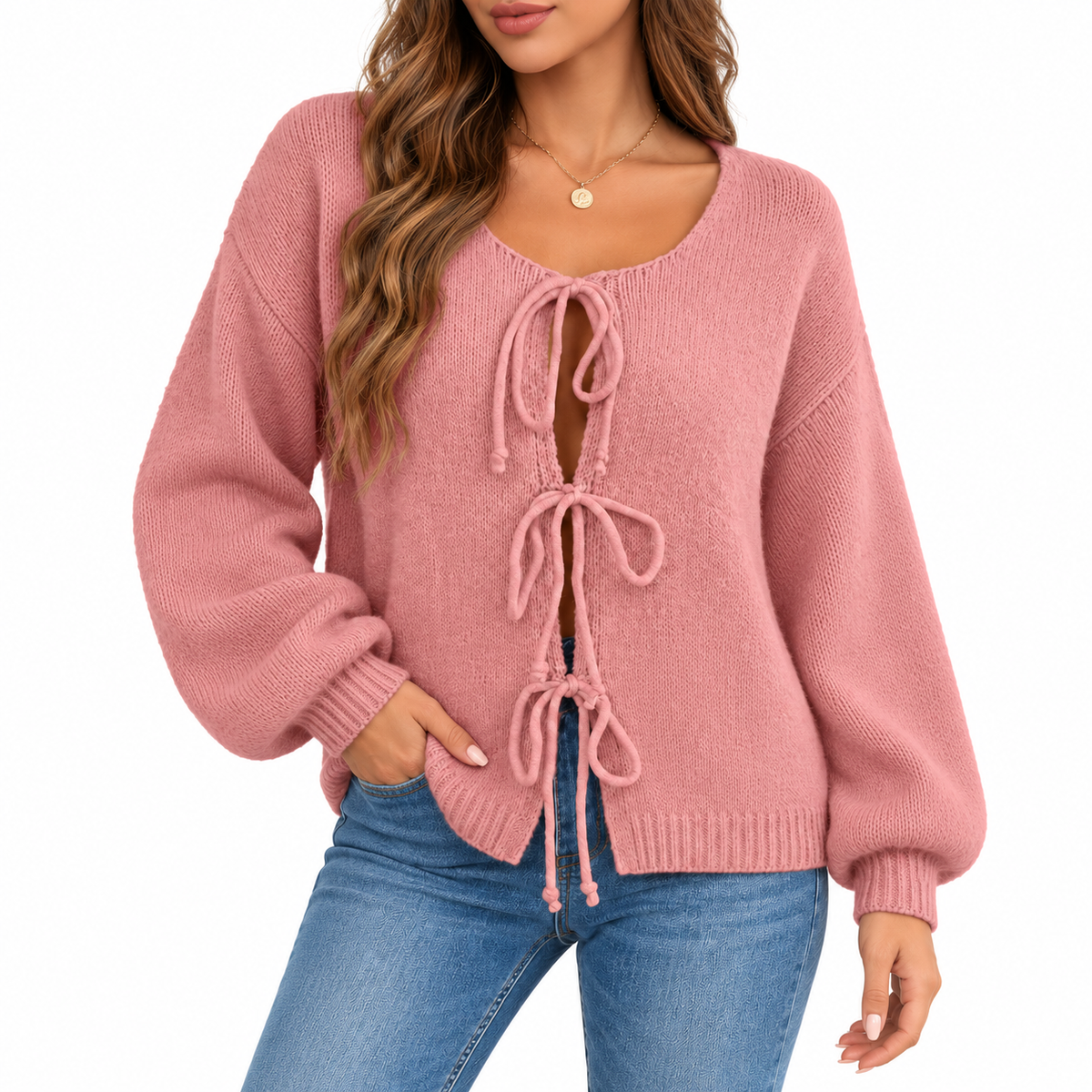 Aubrina | Women's Cardigan with Bow Ties & Puff Sleeves