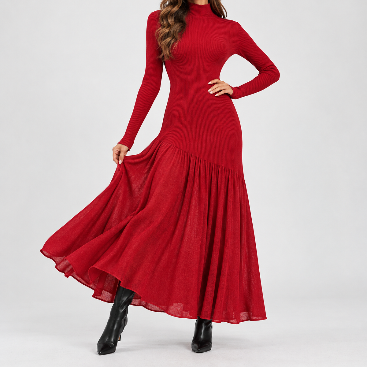 Sorelia | Women's Mock Neck Pleated Sweater Dress