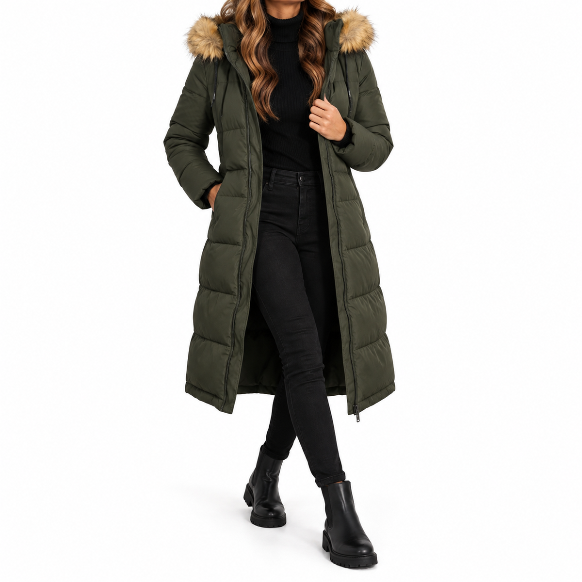 Aurette | Women's Long Puffer Coat with Faux Fur Hood