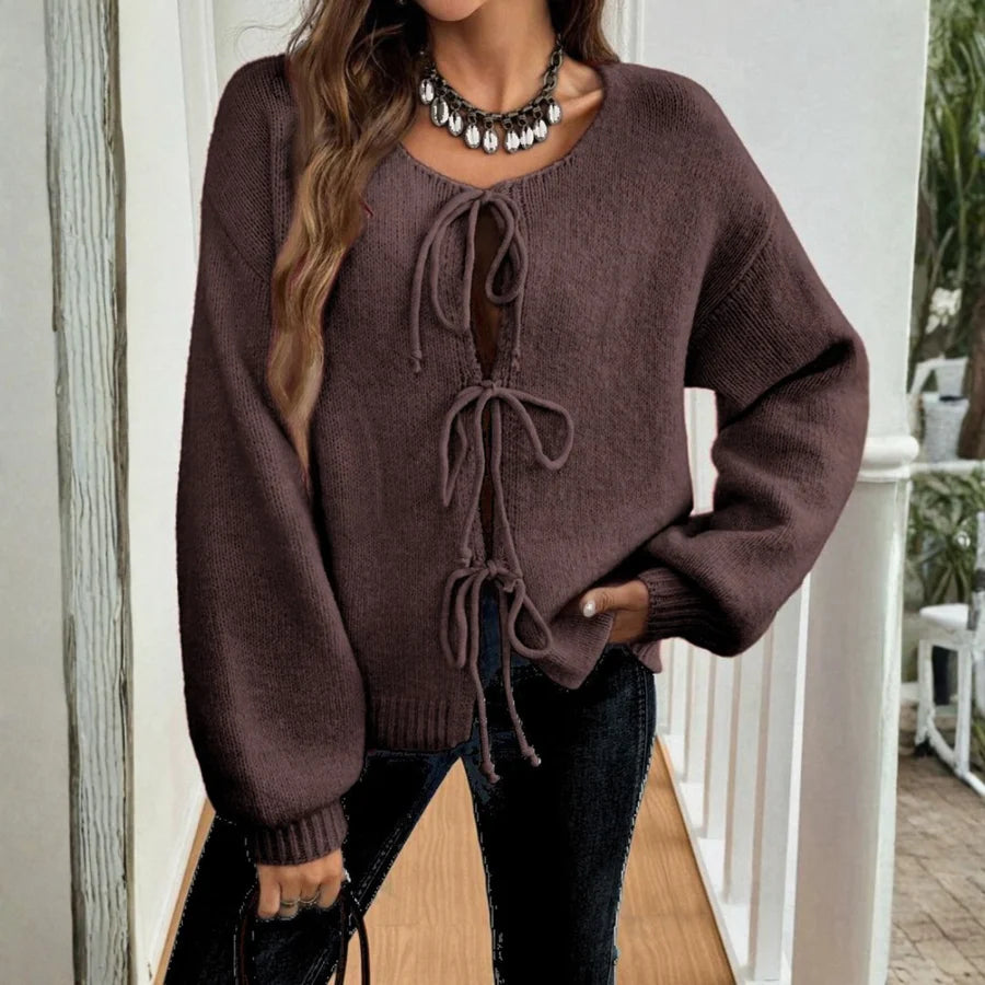 Aubrina | Women's Cardigan with Bow Ties & Puff Sleeves
