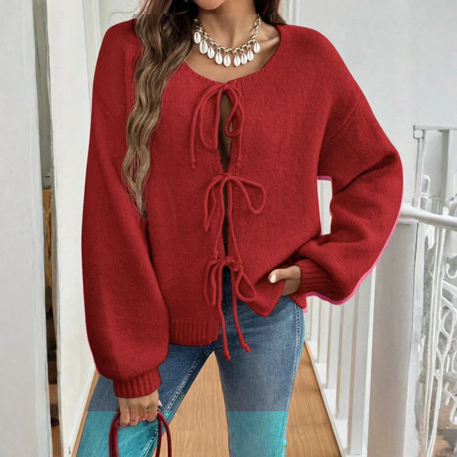 Aubrina | Women's Cardigan with Bow Ties & Puff Sleeves
