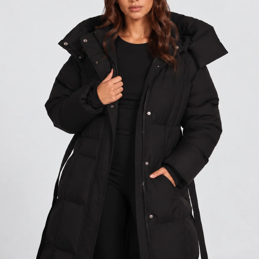 Nerina | Women's Long Puffer Coat with Hood & Belt