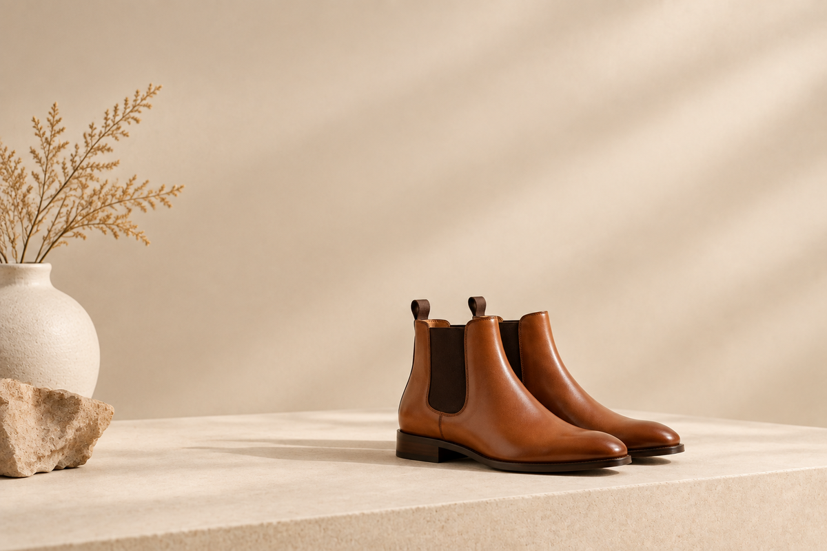Pair of tan Chelsea boots on a stone plinth