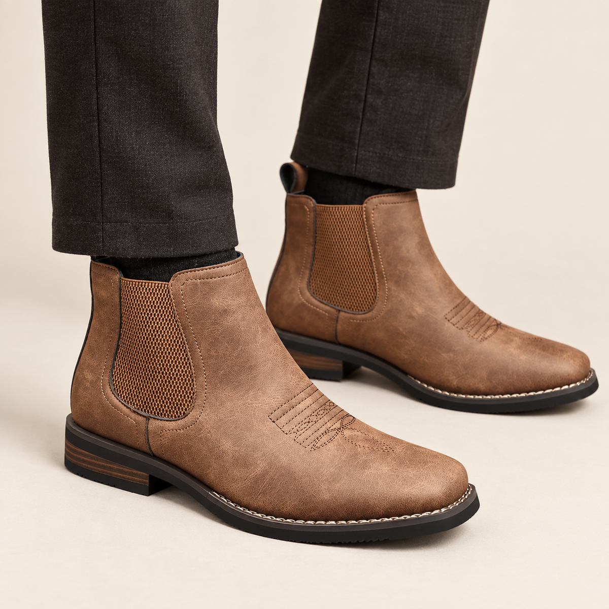 Theo Chelsea boots worn with trousers